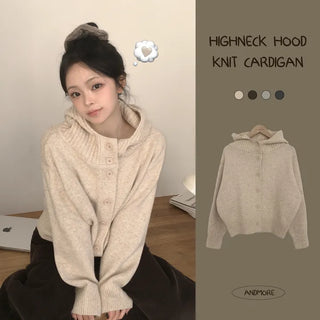Soft, Wool High-Neck Turtleneck Hooded Button Avant-garde Loose Fit Thick Knit Cardigan