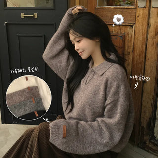 Fluffy~ Full of delicate charm, Thick Wool Heathered Collar, Leather Label on Sleeves, Delicate Avant-Ang Loose Fit Long Sleeve Knit