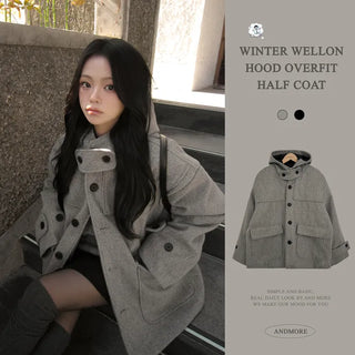 Thick Wool 3oz Wellon High-Neck Buckle Hood Pocket Winter Half Coat that withstands even the dead of winter cold