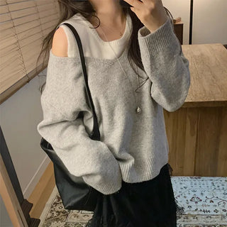 Moette Contrast Sleeveless V-Neck Knit Set One-Shoulder Layered Sleeveless Set Knit Set Long Sleeve Knit Sweater Acrylic