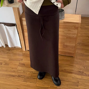 Log Folding Elastic Waist Low-Rise H-Line Flare Long Maxi Skirt