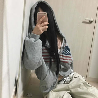 Vintage American Print Oversized Zip-Up Hoodie