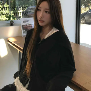 Lace Collar Wool Blend Crop Zip-Up Cardigan