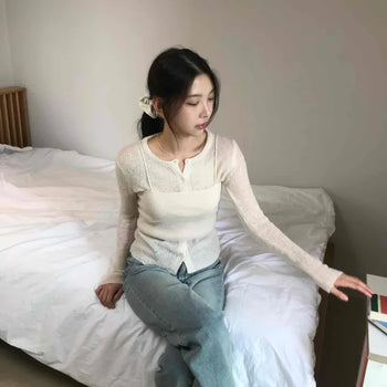 Romantic Button Sheer See-through Sleeve Crop Cardigan