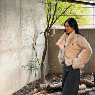 Two-button fluffy shearling jacket