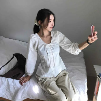 Front Ribbon Cotton Voluminous Sleeve Blouse