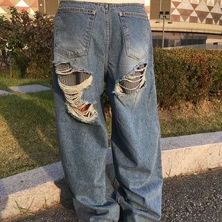 Check Damaged Wide Denim