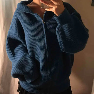 Cozy Pleated Balloon Big Collar Half Zip-Up