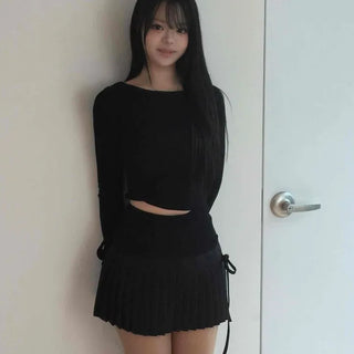 Daily Ribbed Knit Crop Side String Long Sleeve Tee