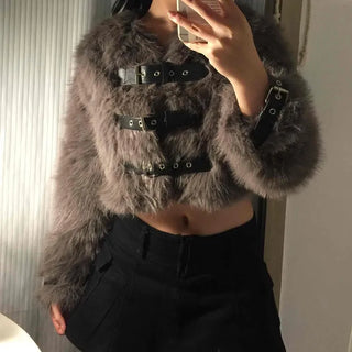 Raccoon Fur Buckle Crop Short Jacket