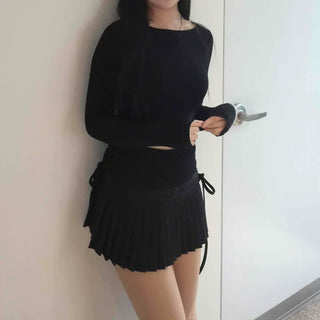 Side Ribbon String Pleated Mini Skirt