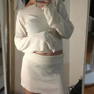Soft Feminine Voluminous Sleeve Knit Mini Skirt Set