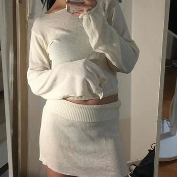Soft Feminine Voluminous Sleeve Knit Mini Skirt Set