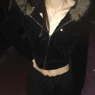 Fur Collar Velvet Rider Crop Zip-Up Jacket