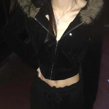 Fur Collar Velvet Rider Crop Zip-Up Jacket