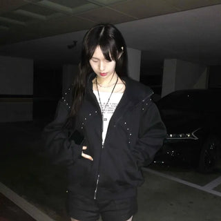 Dark Fairy Wrap Stone Drop Shoulder Zip-Up Hoodie