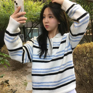 Color Block Striped Collar Fuzzy Knit