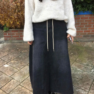 Dark Wash Long String Denim Long Skirt