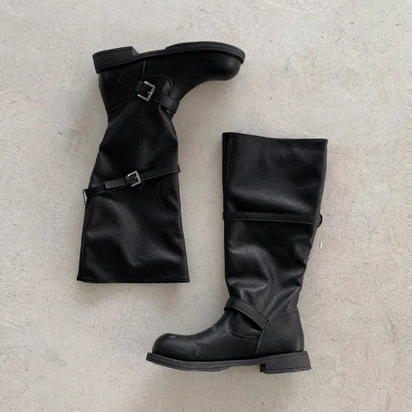 Color◈Plus Size◈Recommended for Curvy Figures◈Wide Buckle Long Boots Warmer Boots Vintage Round Pleated Strap Wide-leg Autumn Four-Season Boots