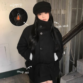 Clean, non-bulky outfit, High Neck Double Ribbon Strap Wool Winter Quilted Black Half Coat