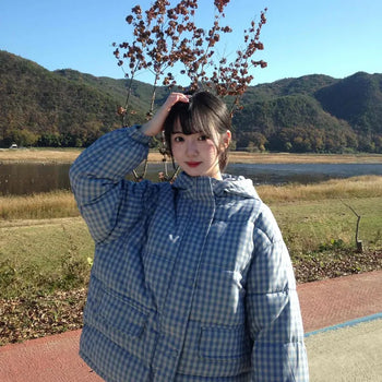 Kittyish Gingham Check Quilted Hooded Short Padded Jacket