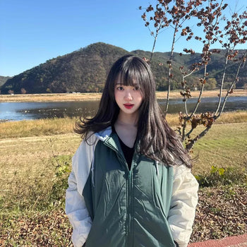 Color Block Hooded Loose Fit Short Padded Jacket