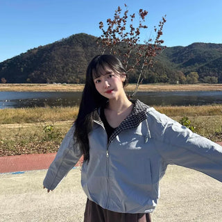 Check Frill Collar Crop Oversized Hooded Windbreaker