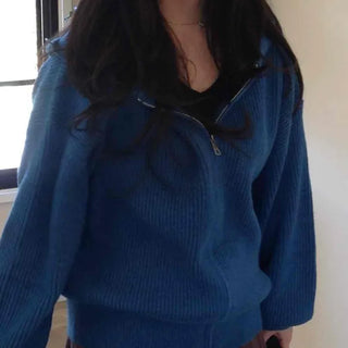 Metal Zipper Collar Reverse Knit Half Zip