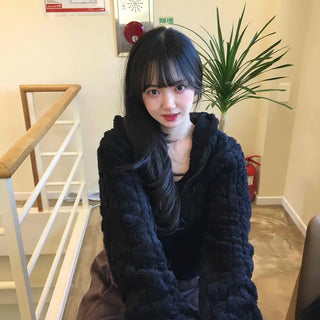 Cable Hoodie Fluffy Fleece Zip-up
