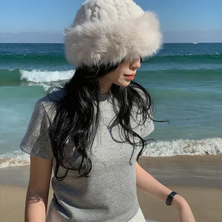 Glutinous Rice Mink Fur Bucket Hat Earflaps Eco-fur Bucket Hat Wool Hat Knit Beanie Winter Hat