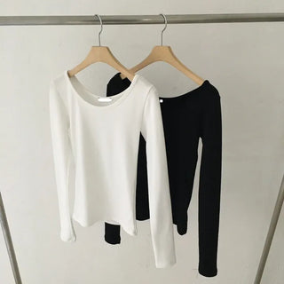 Fleece-lined Basic U-neck Long Sleeve T-shirt