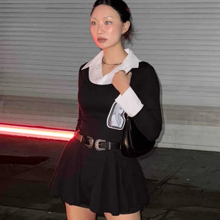Layered Collar Pleated Mini Dress