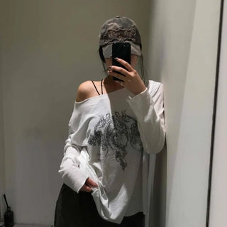 Tattoo Print Off-Shoulder Oversized Long Sleeve Tee