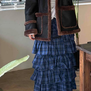 Layered Frill Check Tiered Flare Long Skirt