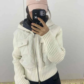 Knit Sleeve Mix Crop Short Hooded Padded Jacket