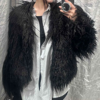 Shearling Feather Texture Open Medium Fur Jacket