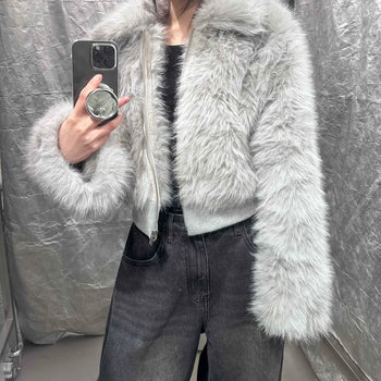 Real Raccoon Fur Collar Short Crop Jacket