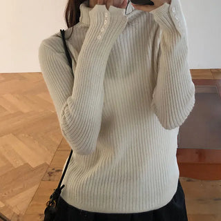 Ribbed Button Ribbed Turtleneck Knit