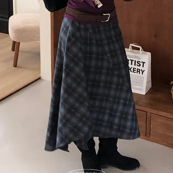 Duplan Asymmetrical Check Layered Fleece-Lined Long Skirt