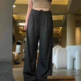 Basic Shirred Stripe Elastic Waist Loose Fit Wide Long Pants