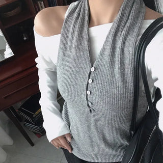 Cien Ribbed Layered Angora Halterneck Sleeveless Bustier Knit