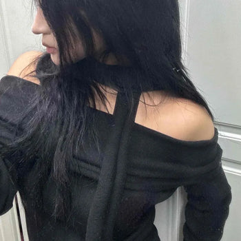 Off-shoulder Cotton Scarf Long-sleeve T-shirt