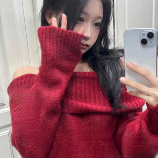 Off-shoulder Balloon Fit Wool Blend Knit