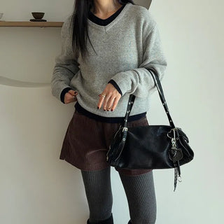 Nerdy Wool V-Neck Knit   Layered Loose Fit Winter Knit