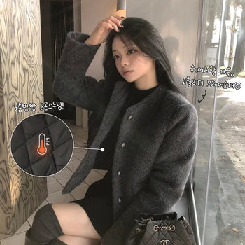 Fluffy and full of hairiness, High-Quality Mohair Quilted Winter Tweed Short Jacket