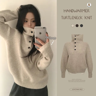 Full of softness, Scone Turtleneck High-Neck Button Hand Warmer Avant-garde Loose Fit Thick Long Sleeve Knit