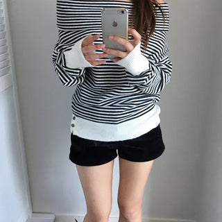 *Delicate Mood* Striped Button Off-Knit