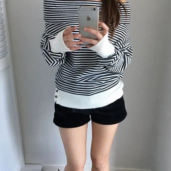 *Delicate Mood* Striped Button Off-Knit