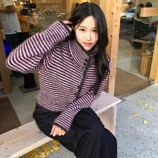 Voluminous Striped High-Neck Cardigan