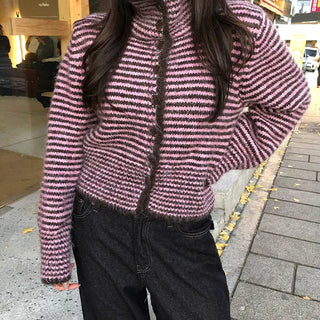 Voluminous Striped High-Neck Cardigan